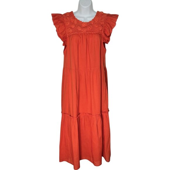 St Roche Kite Dress Tiered Crochet Detail Midi Orange Organic Cotton Size 4 - Picture 4 of 15